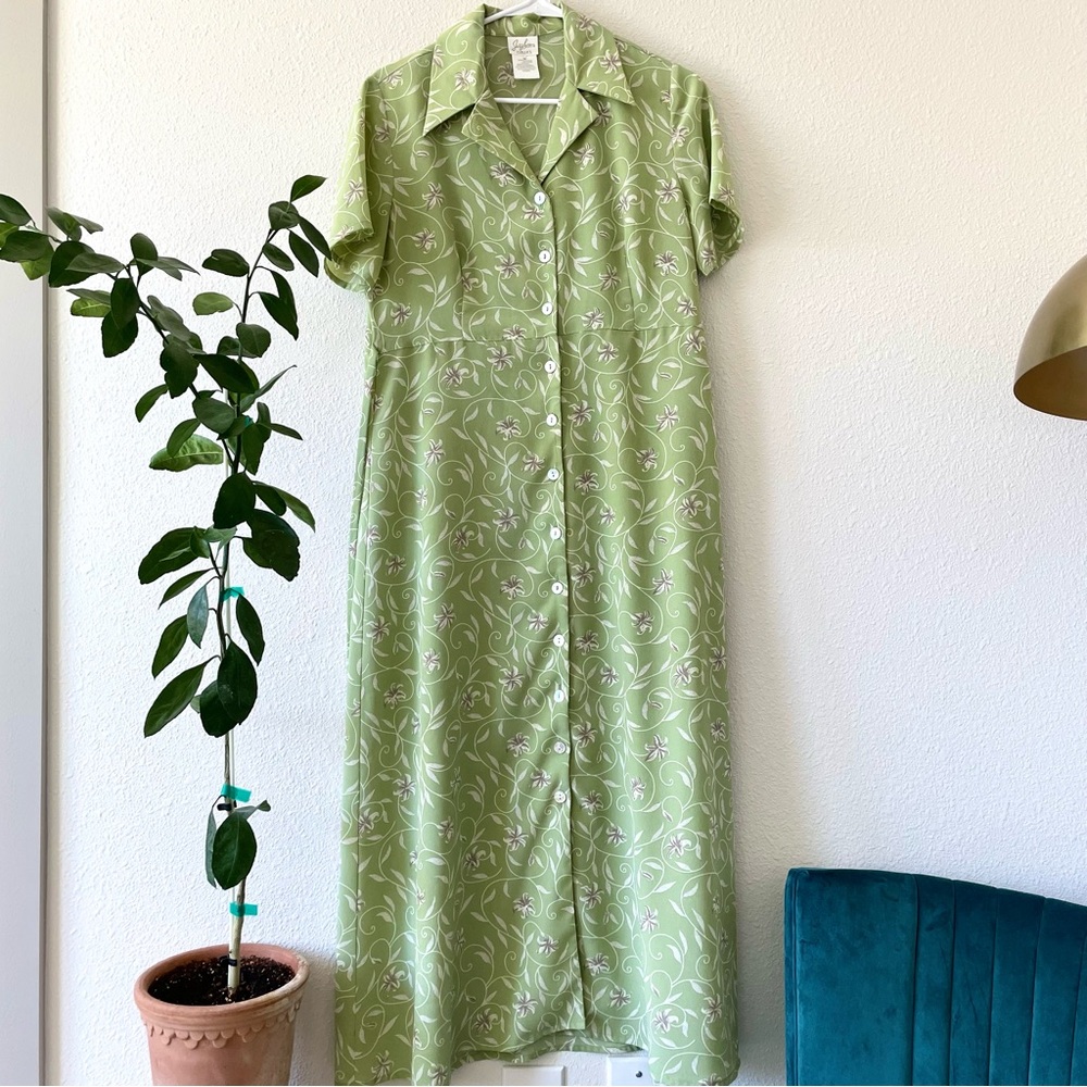 vintage jaclyn smith green floral midi dress waist ties #0006